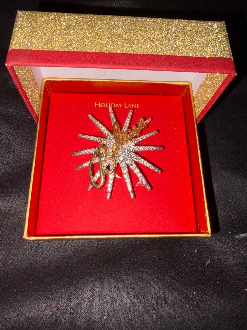 Macy's Holiday Lane "Believe" starburst rhinestone brooch